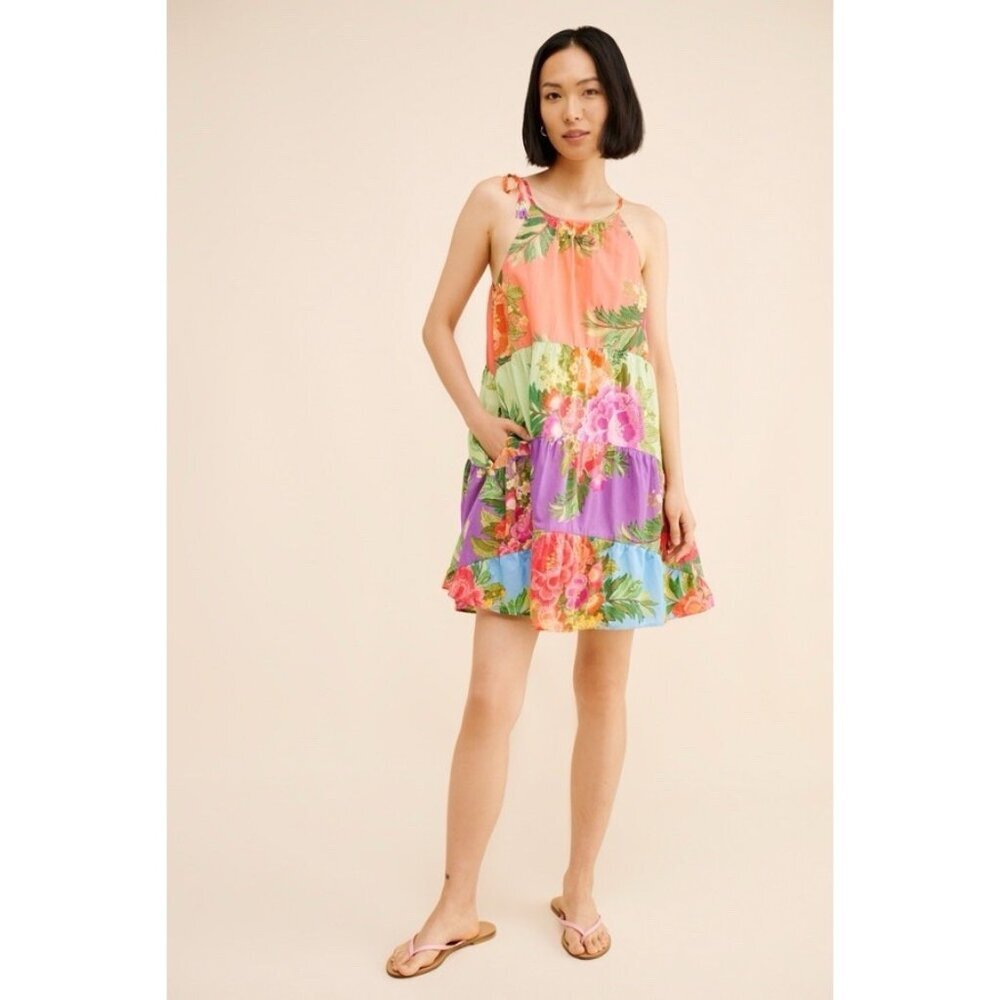 Nwt Size S - Farm Rio 100% Cotton Halter Floral Tiered Mini Dress (Nwt Us$ 188)